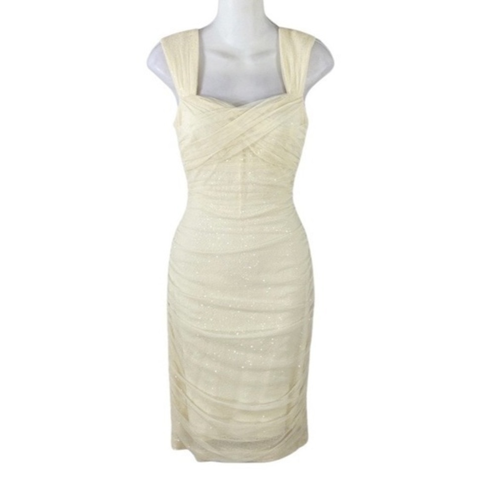 NWT Ralph Lauren ivory ruching mesh overlay sequin bodycon dress 6 NN17